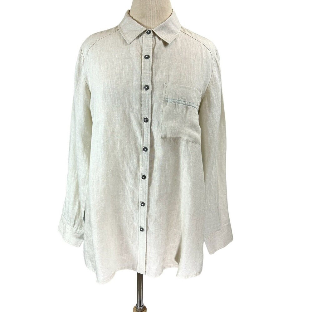 Kyla Seo Blouse Women Medium Beige Linen Floral Print Button Down Oversized